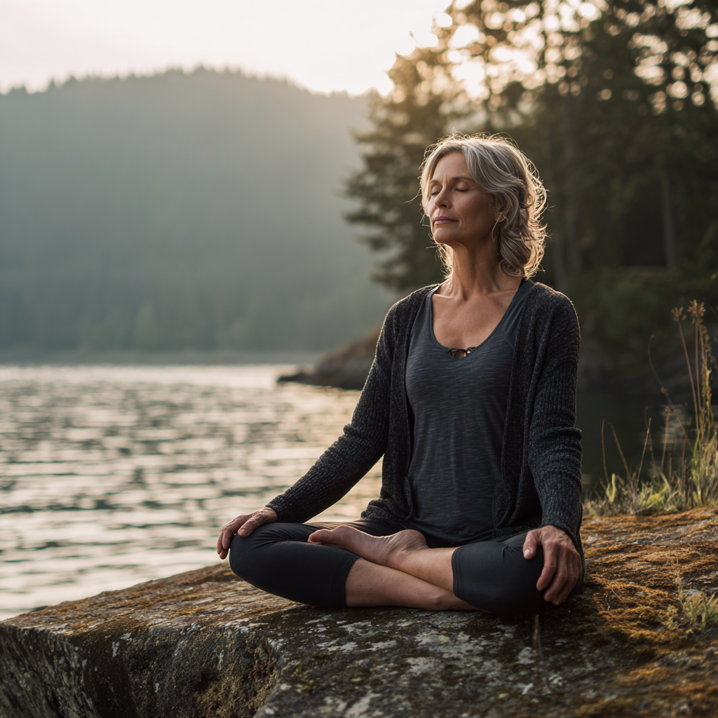 Middle-aged woman practicing mindful yoga in serene natural environment